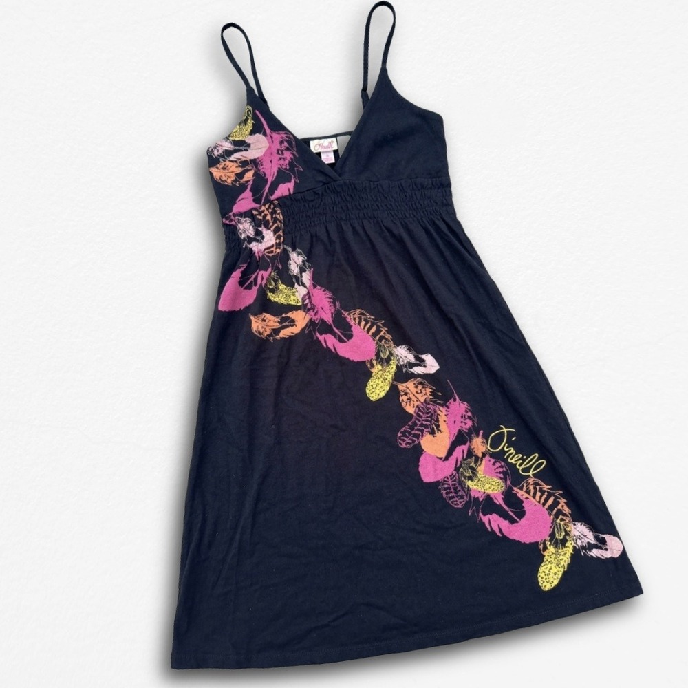 O'Neill Womens Small Black Feather Graphic Smocked Empire Waist Sun Dress